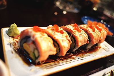 Close-up of sushi served in plate