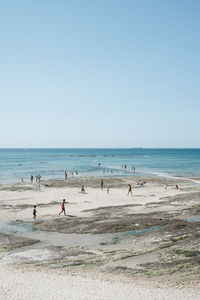 Group of people on beach against clear sky