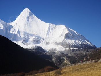 Scenic view of snowcapped mountains against clear blue sky