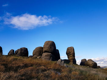 Low angle view of rock formation against sky