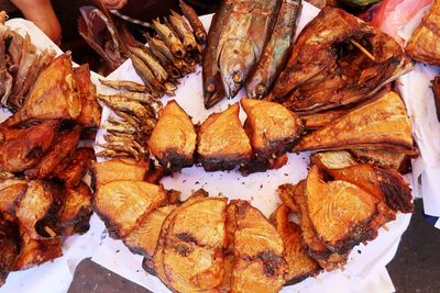 High angle view of meat in plate