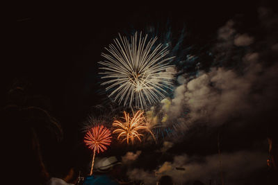 Low angle view of firework display at night