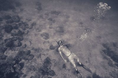 High angle view of man snorkeling in sea