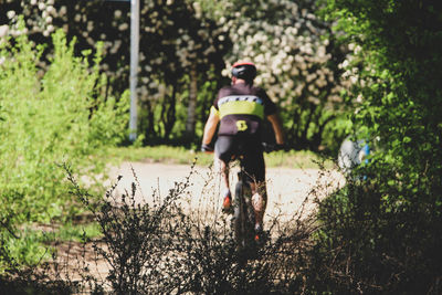 Man riding bicycle by plants