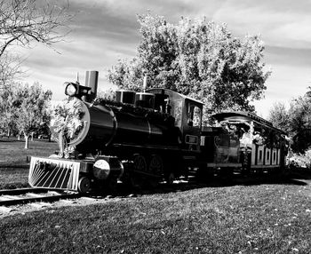 Train on field against sky