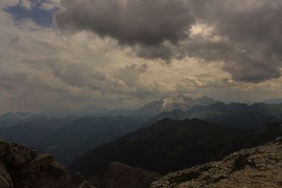 Scenic view of mountains against cloudy sky