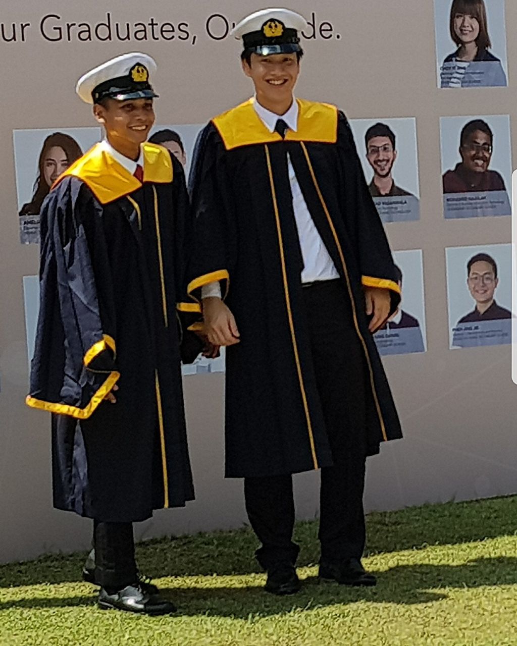 men, award, uniform, looking at camera, portrait, authority, standing, occupation, yellow, boys, ceremony, full length, justice - concept, day, soccer uniform, people, outdoors, adult, young adult