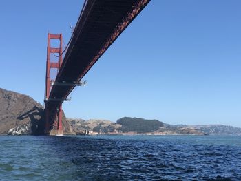 Bridge over sea against clear blue sky