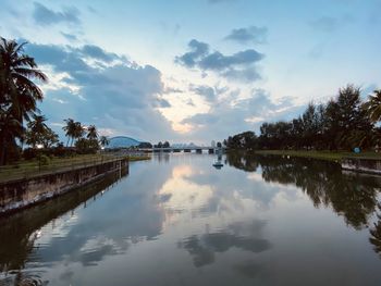 Scenic view of lake against sky during sunset