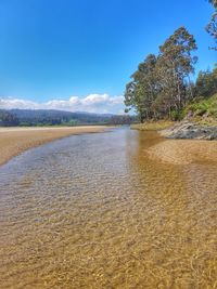 Scenic view of beach against blue sky