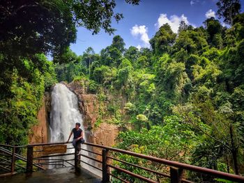 Full length of man sitting on railing against forest