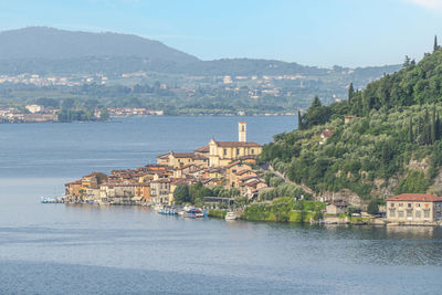 Aerial view of peschiera maraglio in the lake iseo