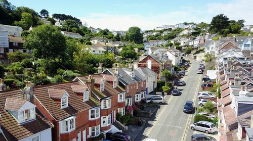 High angle view of houses in city