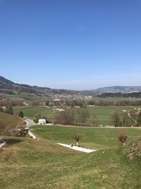 Scenic view of field against clear blue sky