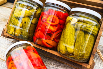 Close-up of chopped vegetables in glass jar