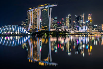 Illuminated modern buildings by river against sky at night