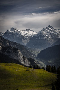 Scenic view of snowcapped mountains against sky