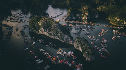 High angle view of boats in river