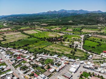 High angle view of agricultural field against sky