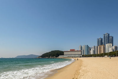 Sea and buildings against clear blue sky