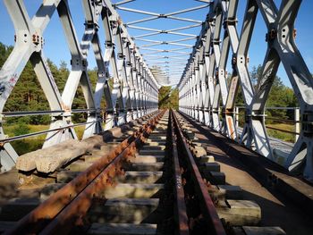 Bridge over railroad tracks against sky