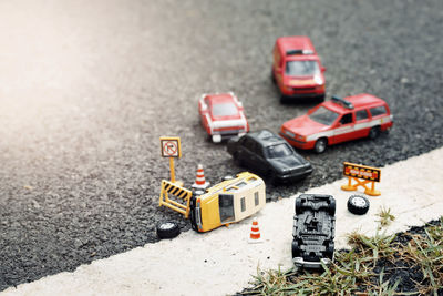 High angle view of toy car on street