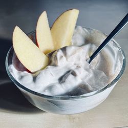 High angle view of fruits in bowl on table