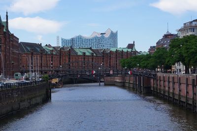 Bridge over river against buildings in city