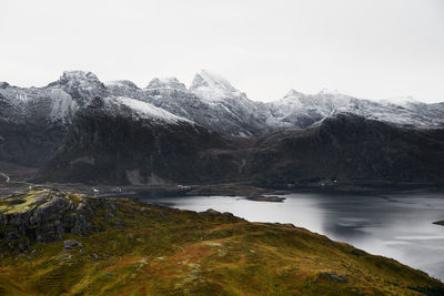 Scenic view of lake and mountains against sky