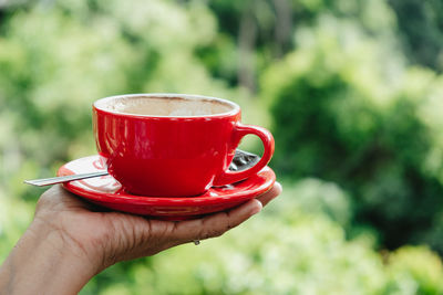 Close-up of hand holding tea cup