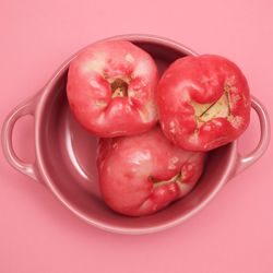 High angle view of strawberries in bowl