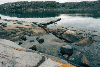 High angle view of rocks in lake