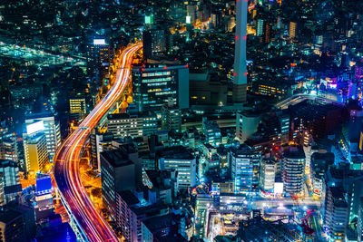 Aerial view of illuminated cityscape