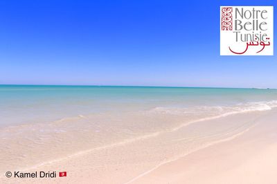 Scenic view of beach against clear blue sky