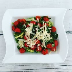 High angle view of salad in plate on table