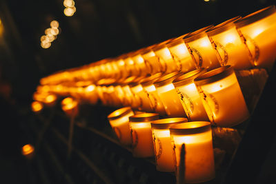 Close-up of lit candles in notre dame cathedral