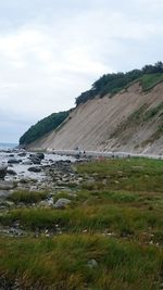 Scenic view of field by sea against sky