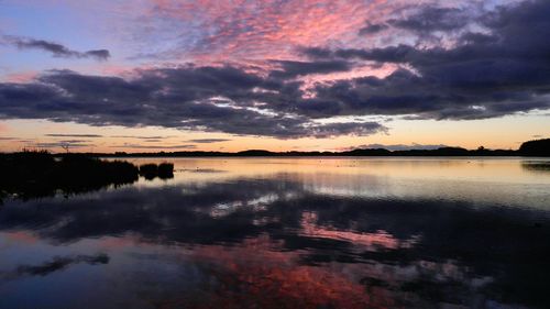 Scenic view of lake against cloudy sky