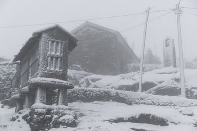 Snow covered houses by mountain against sky