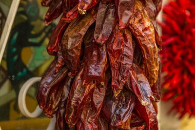 Close-up of dried red chili peppers for sale at market