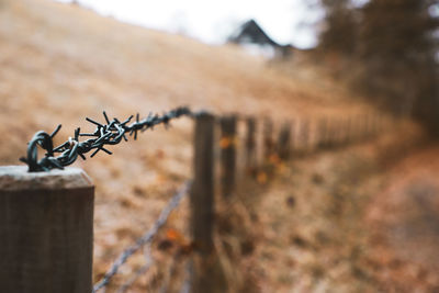 Close-up of barbed wire fence on field