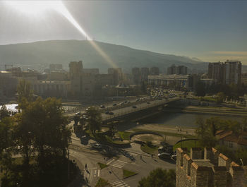 High angle view of cityscape against sky during sunset