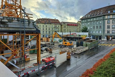 High angle view of buildings and construction site in city of bern