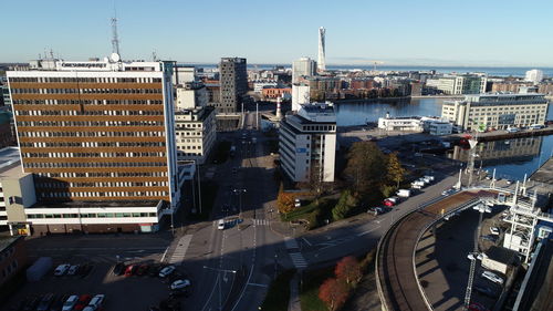 High angle view of street amidst buildings in city