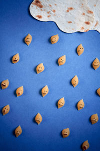 High angle view of food on blue background