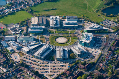 High angle view of buildings in city