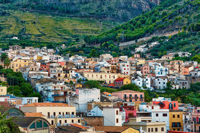 High angle view of buildings in town