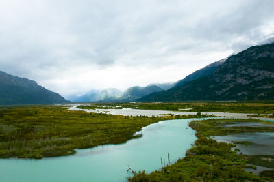 Scenic view of lake and mountains against sky