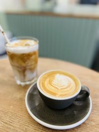 Close-up of cappuccino on table