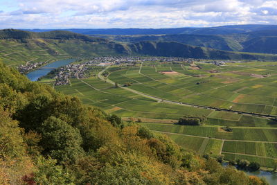 High angle view of field against sky